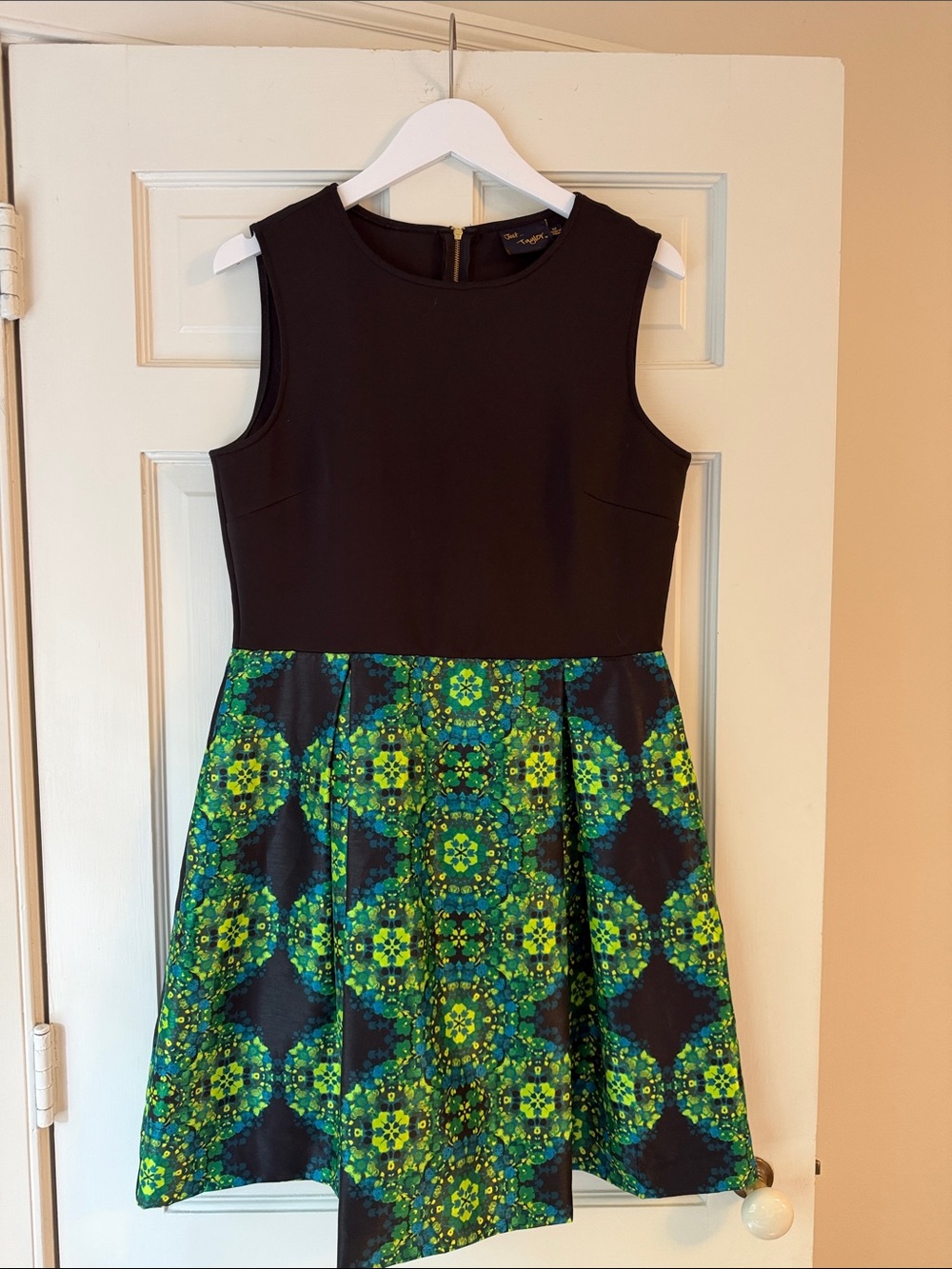 Just...Taylor Black Bodice Dress with Green Patterned Skirt